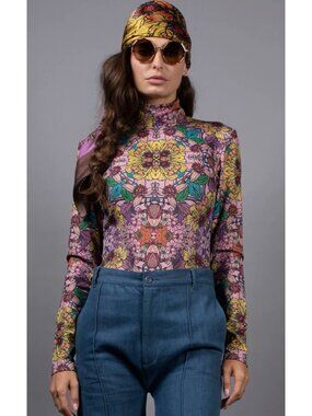 Nuvula Violet Garden Floral Boho Psychedelic Turtleneck Blouse XS